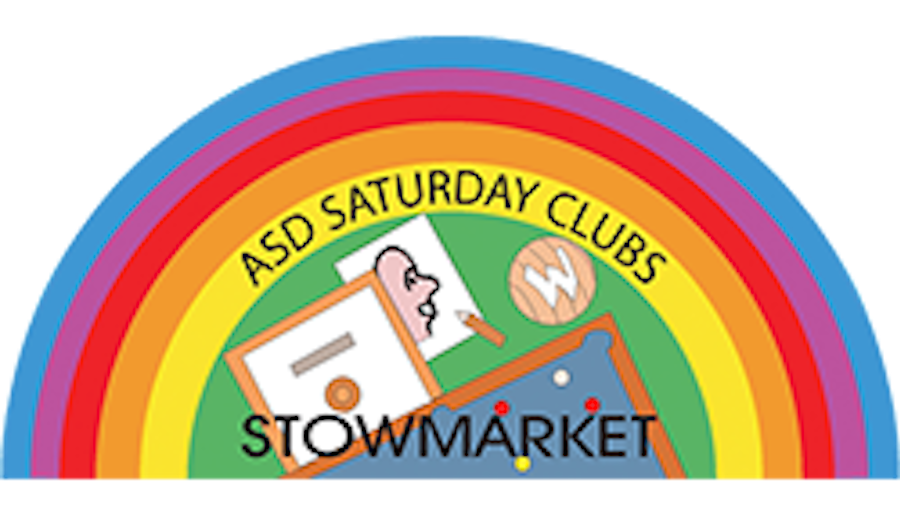 Logo for Stowmarket Saturday ASD Clubs, featuring a rainbow design and illustrations representing activities for young people with autism